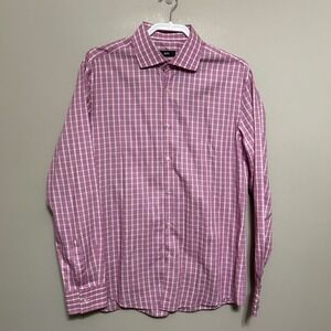 BOSS Hugo Boss Mens Slim Fit Pink White Check Dress Shirt 16.5 Long Sleeve